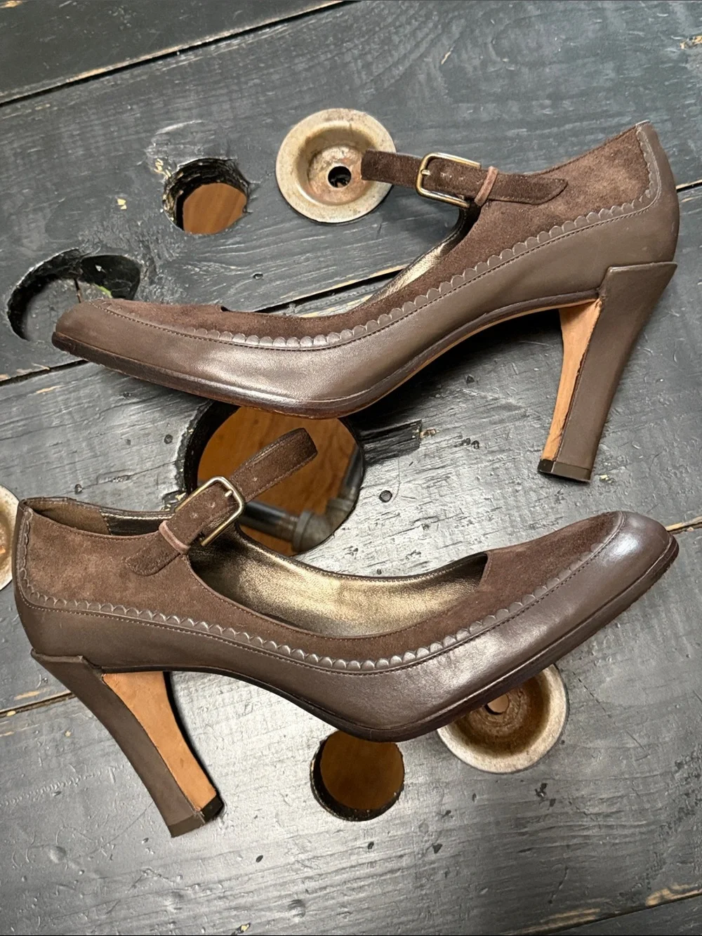 Cole Haan Dark Brown Suede & Leather Scallop Trim Mary Jane Heels